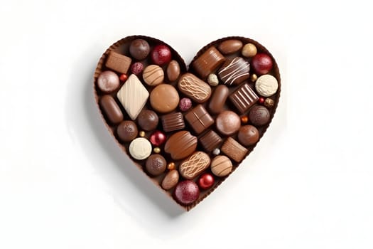 Heart made of chocolates and pralines. White isolated background. Heart as a symbol of affection and love. The time of falling in love and love.