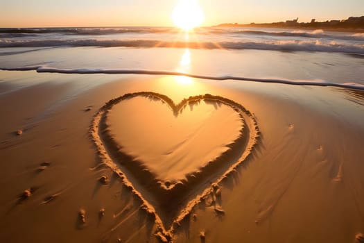 Heart drawn on the sand by the sea at sunset. Heart as a symbol of affection and love. The time of falling in love and love.
