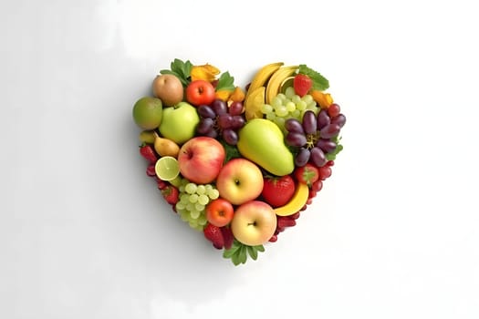 Vegetable and fruit heart. White isolated background. Heart as a symbol of affection and love. The time of falling in love and love.