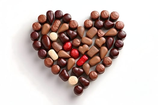 Heart made of chocolates and pralines. White isolated background. Heart as a symbol of affection and love. The time of falling in love and love.