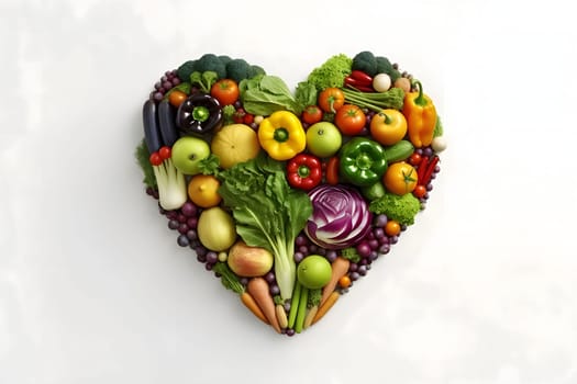 Vegetable and fruit heart. White isolated background. Heart as a symbol of affection and love. The time of falling in love and love.