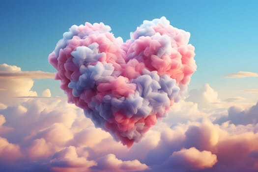 Pink and blue heart made of clouds on the background of the sky. Heart as a symbol of affection and love. The time of falling in love and love.