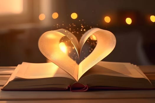 Open book with joined two pages forming a heart, bright light effect, bokeh in the background. Heart as a symbol of affection and love. The time of falling in love and love.