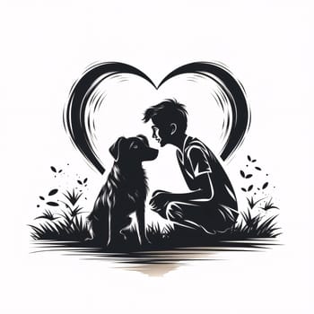 Black silhouette of a boy with a dog in the grass around a heart white isolated background. Heart as a symbol of affection and love. The time of falling in love and love.