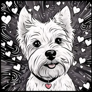 Black and White coloring card of a dog with hearts all around. Heart as a symbol of affection and love. The time of falling in love and love.