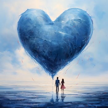 A blue heart and a couple holding hands walking on water. Heart as a symbol of affection and love. The time of falling in love and love.