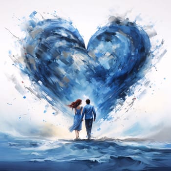 A blue heart and a couple holding hands walking on water. Heart as a symbol of affection and love. The time of falling in love and love.