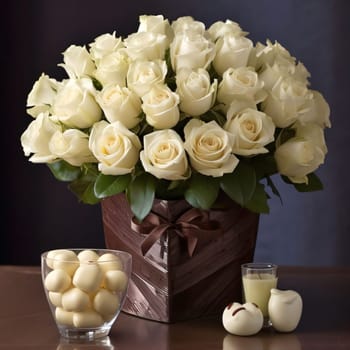 A bouquet of white roses, decorated with a bow. Heart as a symbol of affection and love. The time of falling in love and love.