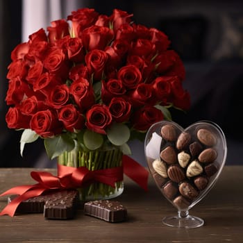 A bouquet of red roses decorated with a bow and chocolates. Heart as a symbol of affection and love. The time of falling in love and love.