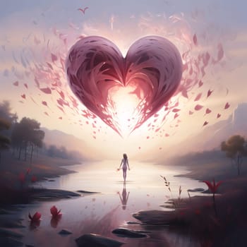 Silhouette of a Woman in the middle of a river standing in front of a large glowing red heart. Heart as a symbol of affection and love. The time of falling in love and love.