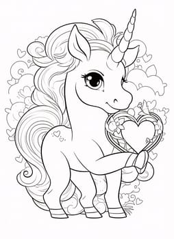 Black and White coloring sheet, a tiny unicorn with a heart. Heart as a symbol of affection and love. The time of falling in love and love.