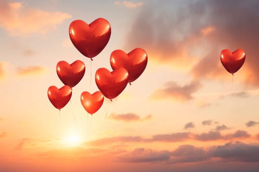 Red heart-shaped balloons in the sky at sunset.Valentine's Day banner with space for your own content. White background color. Blank field for the inscription. Heart as a symbol of affection and love.