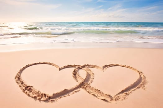 Two joined hearts drawn on the sand on the beach by the sea. Heart as a symbol of affection and love. The time of falling in love and love.