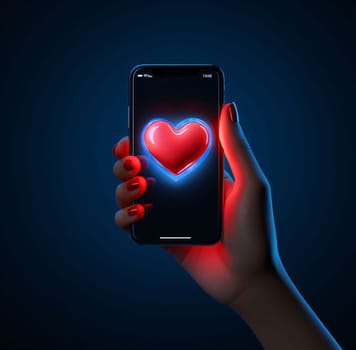 Smartphone screen with a red heart held in the palm of the hand. Heart as a symbol of affection and love. The time of falling in love and love.