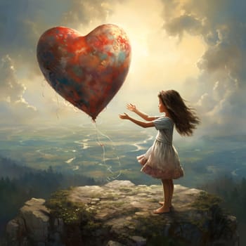 A little girl releasing a heart-shaped balloon on top of a mountain. Heart as a symbol of affection and love. The time of falling in love and love.