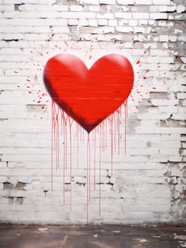 A red heart painted on a white stone wall. Heart as a symbol of affection and love. The time of falling in love and love.