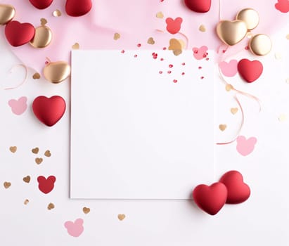 White blank card around decoration with confetti in the shape of hearts and pink and gold hearts. Heart as a symbol of affection and love. The time of falling in love and love.