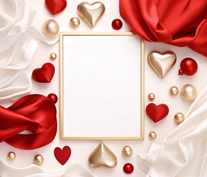 White blank card around the decoration with gold and red hearts and materials. Heart as a symbol of affection and love. The time of falling in love and love.