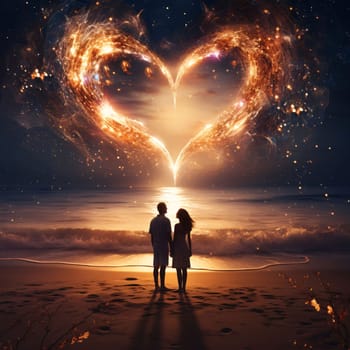 Illustration of a man and woman couple in love standing on the beach watching a large fiery heart in the sky. Heart as a symbol of affection and love. The time of falling in love and love.