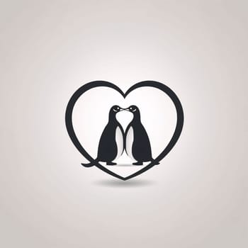Logo concept black heart with two kissing penguins. Heart as a symbol of affection and love. The time of falling in love and love.