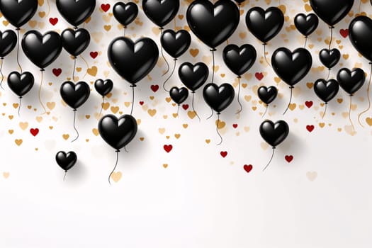 Black heart-shaped balloons in the background, gold small hearts.Valentine's Day banner with space for your own content. White background color. Blank field for the inscription. Heart as a symbol of affection and love.