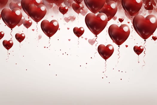 Red heart-shaped balloons in the background, small hearts.Valentine's Day banner with space for your own content. White background color. Blank field for the inscription. Heart as a symbol of affection and love.