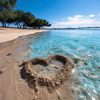 Heart made of pebbles and sand and seaweed on the beach water. Heart as a symbol of affection and love. The time of falling in love and love.