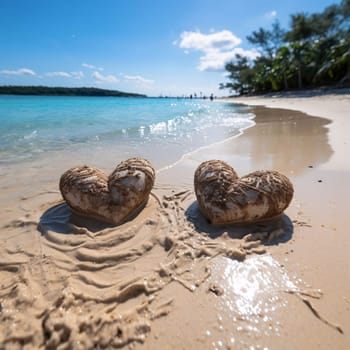 Two hearts on the beach in the water. Heart as a symbol of affection and love. The time of falling in love and love.