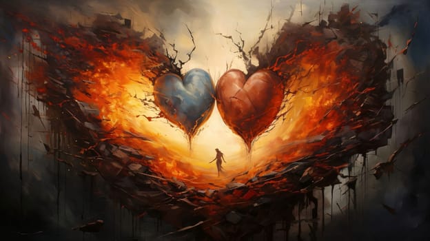 Abstract illustration of two hearts forming one large fiery heart. Heart as a symbol of affection and love. The time of falling in love and love.