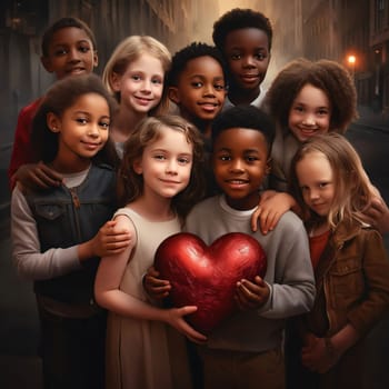 Children of different skin colors holding a red heart together. Heart as a symbol of affection and love. The time of falling in love and love.