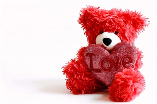 Red teddy bear with a heart with the word "love". Heart as a symbol of affection and love. The time of falling in love and love.