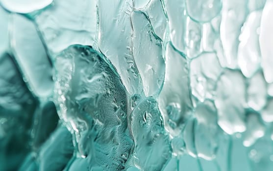 Macro shot of a glass pane with a frozen texture effect and a blend of turquoise and white hues.