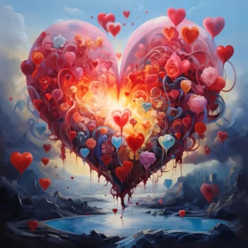 Abstract illustration of a heart made of roses and red balloons. Heart as a symbol of affection and love. The time of falling in love and love.