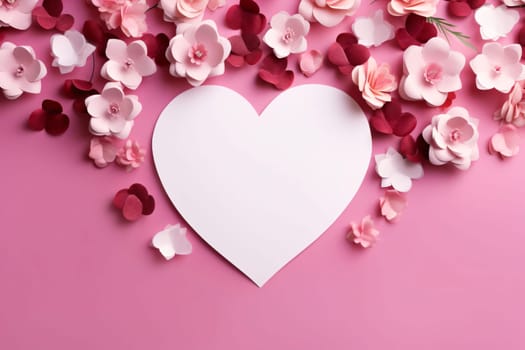 White heart decorated with colorful flowers, pink background. Heart as a symbol of affection and love. The time of falling in love and love.