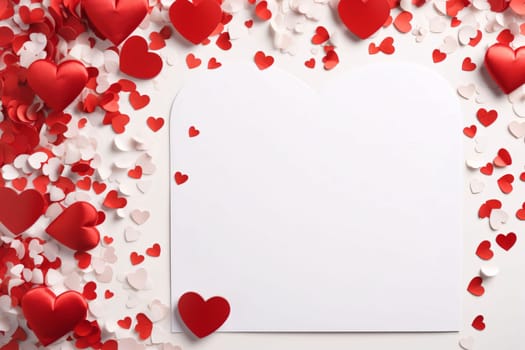 White blank card around Scattered, red white hearts conference. Heart as a symbol of affection and love. The time of falling in love and love.