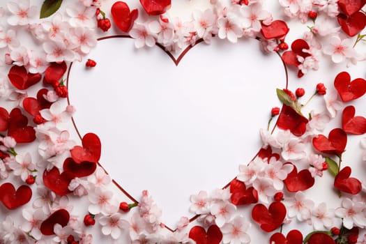 White heart all around scattered red hearts and pink flowers. Heart as a symbol of affection and love. The time of falling in love and love.