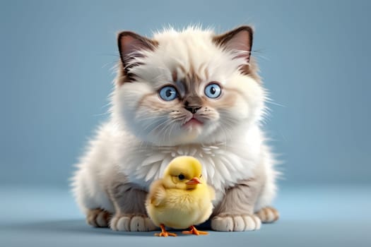 cute kitten and yellow chick, isolated on blue background .