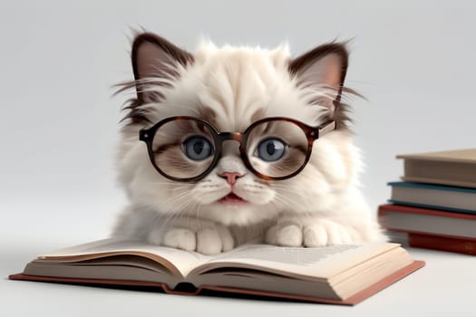 cute smart kitten wearing glasses reading a book, isolated on a white background .