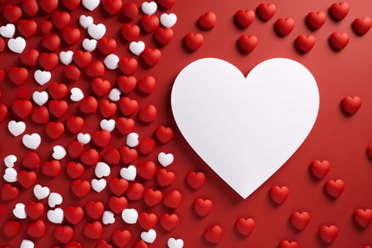 Large white heart around scattered, small red white hearts, red background.Valentine's Day banner with space for your own content. White background color. Blank field for the inscription. Heart as a symbol of affection and love.