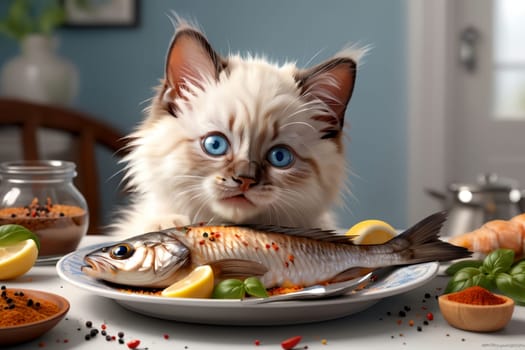 cute Ragdoll kitten looking at fried fish in a plate, isolated on a white background .