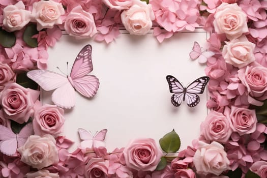 White blank card decorated with pink and white butterfly roses.Valentine's Day banner with space for your own content. White background color. Blank field for the inscription. Heart as a symbol of affection and love.