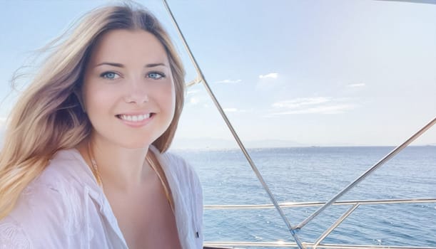 Woman enjoying the sea on a yacht boat, beach lifestyle in summertime, holiday yachting travel and summer leisure concept