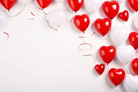 White and red heart-shaped balloons.Valentine's Day banner with space for your own content. White background color. Blank field for the inscription. Heart as a symbol of affection and love.