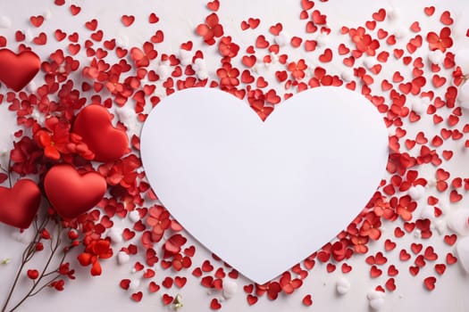 Big white heart around tiny scattered red confetti hearts.Valentine's Day banner with space for your own content. White background color. Blank field for the inscription. Heart as a symbol of affection and love.