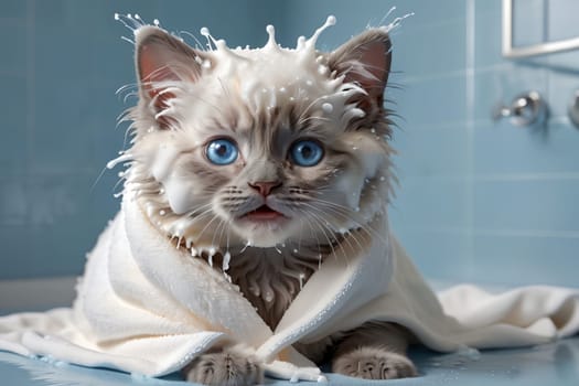 cat wrapped in a towel after a shower .