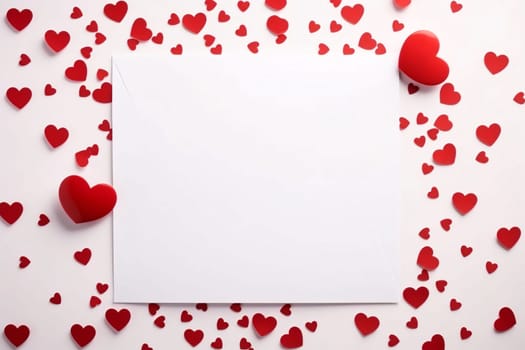 White blank card around scattered red heart.Valentine's Day banner with space for your own content. White background color. Blank field for the inscription. Heart as a symbol of affection and love.