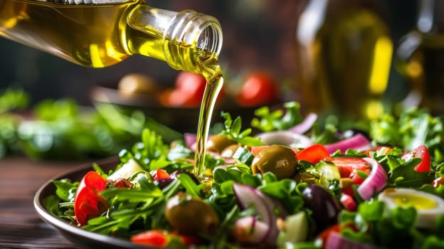 Olive oil salad, A bottle with olive oil pouring into salad, Pouring olive oil from bottle into plate with salad.