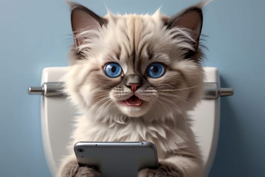 cute cat reading news on the phone while sitting in the toilet room .