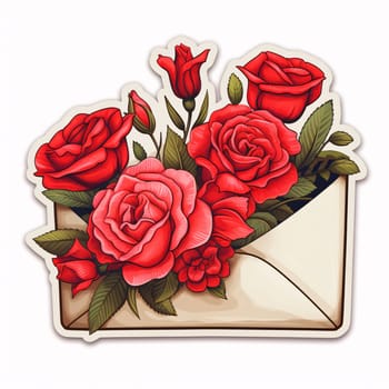 Sticker roses coming out of an envelope. Heart as a symbol of affection and love. The time of falling in love and love.