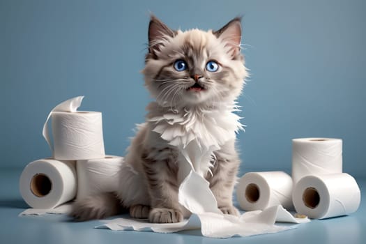 cute cat playing with a roll of toilet paper, isolated on a blue background .